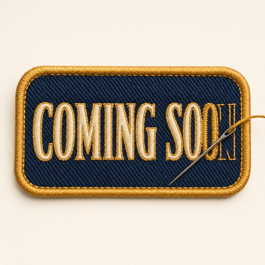 Embroidered 'Coming Soon' patch, still being stitched